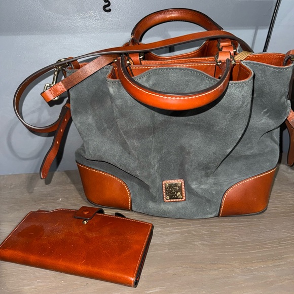 Handbags - Dooney & Bourke grey suede brown leather accents Bella handbag purse w/wallet